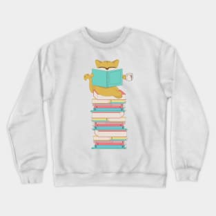 Cat with glasses drinking coffee or tea and reading book Crewneck Sweatshirt